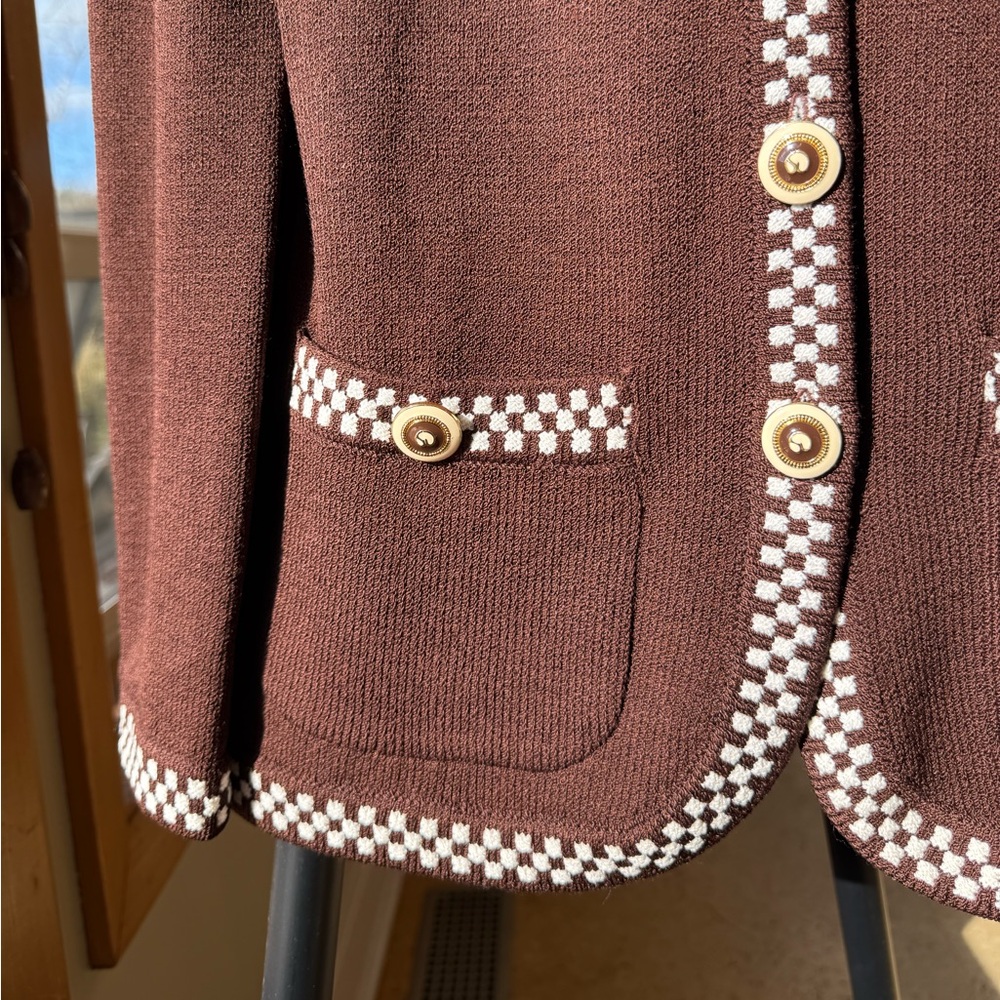 St. John Brown Jacket with Checkered Trim & Matching Skirt - Picture 4 of 9